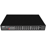 QuickTreX&reg; 26 Port Unmanaged Gigabit PoE+ Switch with 24 x GIG PoE+ RJ45 30/15.4W Ports, 2 x GIG SFP Uplink Ports,  Auto PoE+ Extend, VLAN, Watchdog, and Built-In 400W Power Supply  - RoHS Compliant