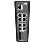 QuickTreX 8 Port Managed Layer2+ Industrial Hardened Gigabit PoE+ Switch with 12V Booster, 8 x GIG PoE+ RJ45 30/15.4W Ports, 2 x SFP GIG Ports, and 1 x RJ45 Consult Port - IP40, DIN Rail Mount, RoHS Compliant