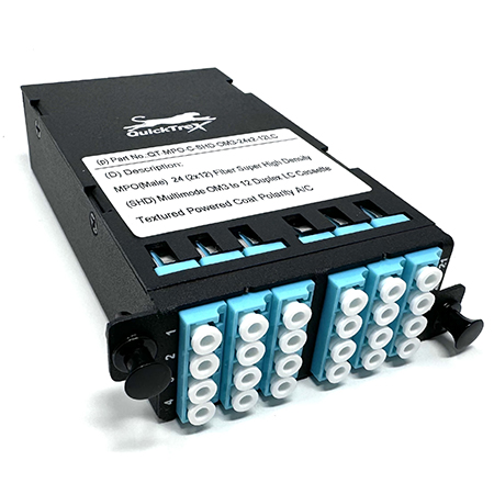 MPO 24 Fiber (1 X 24 MPO Male) to 24 LC (12 Duplex Adapters) Multimode OM4 Super High Density (SHD) Cassette