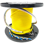 Stock 6 Strand Indoor/Outdoor Plenum Rated Singlemode Pre-Terminated Fiber Optic Cable Assembly with Corning® Glass, LC UPC Connectors, and Pulling Eyes - 500FT - Made in the USA by QuickTreX®