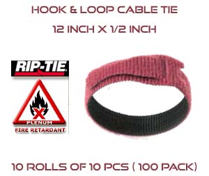 12 Inch by 1/2" wide Rip-Tie Lite Fire Retardant Cable Ties - 10 Rolls of 10 Pieces