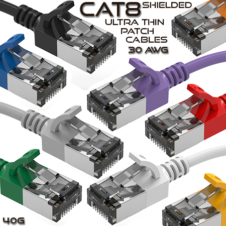 7 Ft Cat 8 Shielded Stock Ultra Thin 30AWG 40G Ethernet Patch Cable
