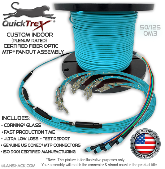 Custom Indoor 144 Fiber MTP® OM3 - 50/125 Fanout Assembly (12 x 12 MTP to 144 Simplex Connectors) - Plenum Rated - made in USA by QuickTreX® with Genuine US Conec® Connectors and Corning® Glass