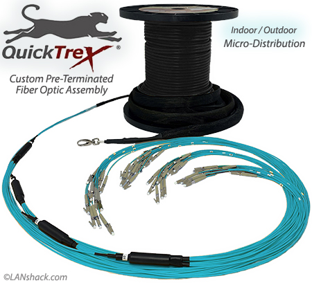 48 Strand Indoor/Outdoor Multimode 10/40/100 GIG OM4 50/125 Pre-Terminated Fiber Optic Micro-Distribution Cable Assembly with Corning® Glass - Made in the USA by QuickTreX®