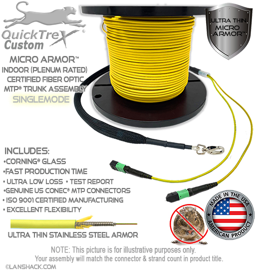 Custom Pre-Terminated Indoor Ultra Thin Micro Armor MTP® Singlemode APC 144 Fiber (12 x 12) Trunk Assembly - Plenum Rated - made in USA by QuickTreX® with Genuine US Conec® Connectors and Corning® Glass