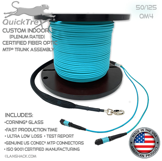 Custom Pre-Terminated Indoor MTP® OM4 50/125 24 Fiber (2 x 12) Trunk Assembly - Plenum Rated - made in USA by QuickTreX® with Genuine US Conec® Connectors and Corning® Glass