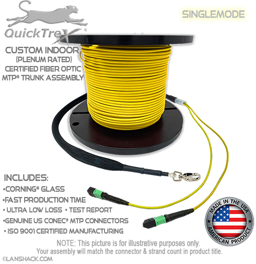 Custom Pre-Terminated Indoor MTP® Singlemode APC 144 Fiber (12 x 12) Trunk Assembly - Plenum Rated - made in USA by QuickTreX® with Genuine US Conec® Connectors and Corning® Glass