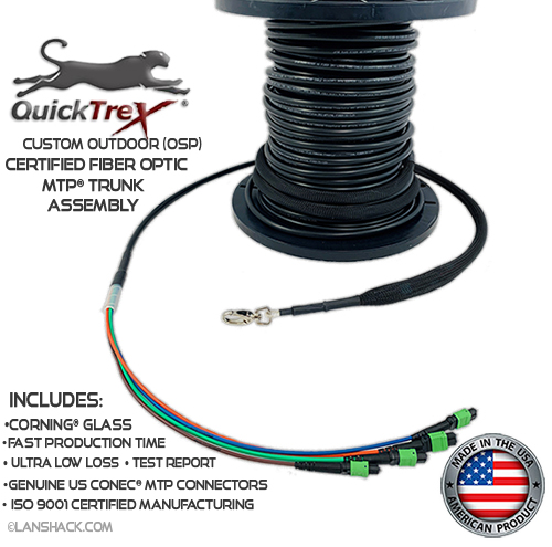 Custom Pre-Terminated Corning ALTOS® Outdoor Loose Tube (OSP) MTP® Singlemode 48 Fiber (4 x 12) APC Trunk Assembly - Made in USA by QuickTreX® with Genuine US Conec® Connectors and Corning® Glass