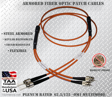 ST to FC Stainless Steel Armored Fiber Optic Patch Cable (Plenum Rated) 62.5/125 OM1 - Multimode - USA CustomLine by QuickTreX®