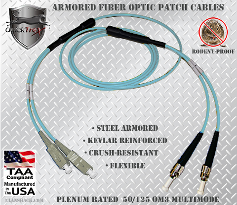 SC to ST Stainless Steel Armored Fiber Optic Patch Cable (Plenum Rated) 50/125 OM3 - 10 GIG Multimode - USA CustomLine by QuickTreX®