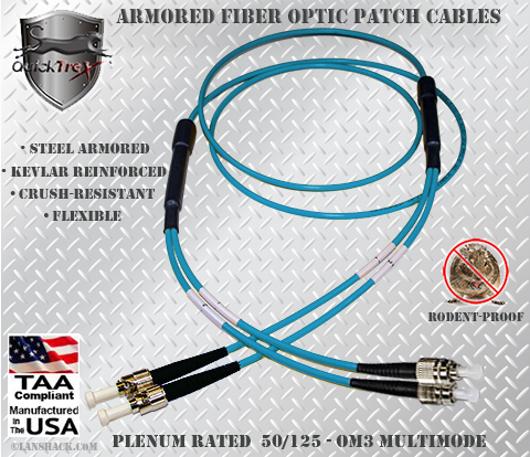 ST to FC Stainless Steel Armored Fiber Optic Patch Cable (Plenum Rated) 50/125 OM3 - 10 GIG Multimode - USA CustomLine by QuickTreX®