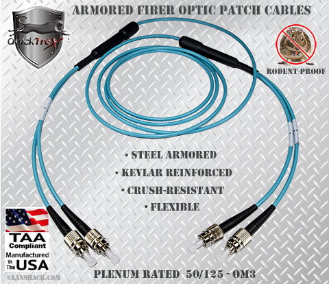 FC to FC Stainless Steel Armored Fiber Optic Patch Cable (Plenum Rated) 50/125 OM3 - 10 GIG Multimode - USA CustomLine by QuickTreX®