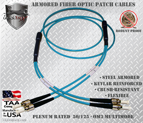 ST to ST Stainless Steel Armored Fiber Optic Patch Cable (Plenum Rated) 50/125 OM3 - 10 GIG Multimode - USA CustomLine by QuickTreX®