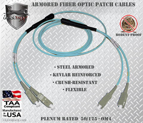SC to SC Stainless Steel Armored Fiber Optic Patch Cable (Plenum Rated) 50/125 OM4 - 10/40/100 GIG Multimode - USA CustomLine by QuickTreX®