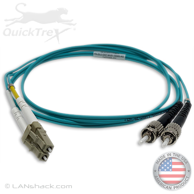 LC to ST Plenum Rated Multimode 10/40/100 GIG OM4 50/125 Premium Custom Duplex Fiber Optic Patch Cable with Corning® Glass - Made USA by QuickTreX®