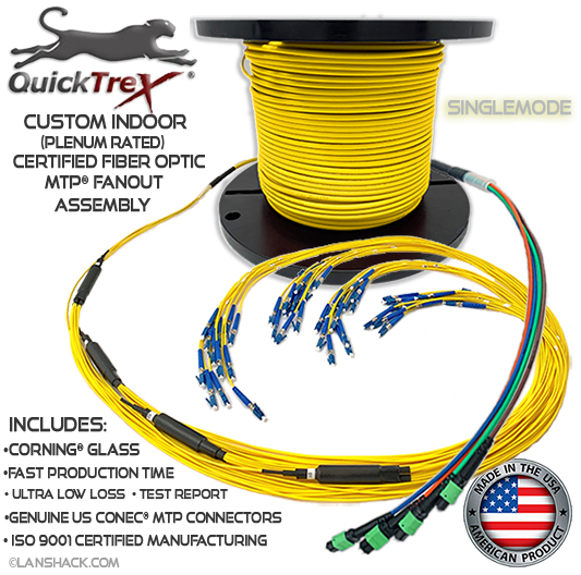 Custom Indoor 144 Fiber MTP® Singlemode Fanout Assembly (12 x 12 MTP to 144 Simplex Connectors) - Plenum Rated - made in USA by QuickTreX® with Genuine US Conec® Connectors and Corning® Glass