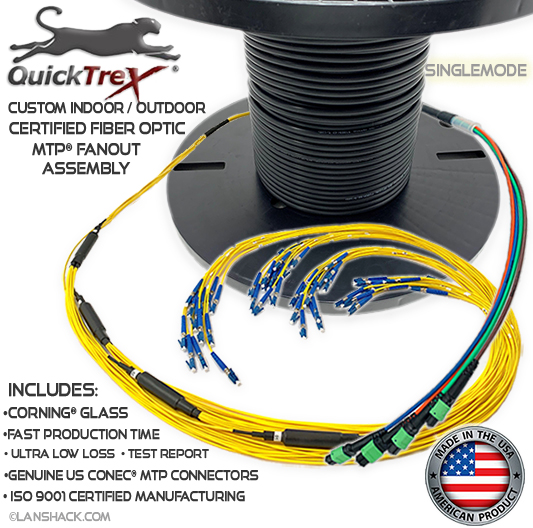 Custom Indoor / Outdoor 24 Fiber MTP® Singlemode Fanout Assembly (2 x 12 MTP to 24 Simplex Connectors) - Made in USA by QuickTreX® with Genuine US Conec® Connectors and Corning® Glass