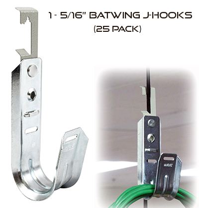 1 -  5/16"  Universal Galvanized Steel Batwing J-Hooks for Cable Support & Wire Management - 25 Pack
