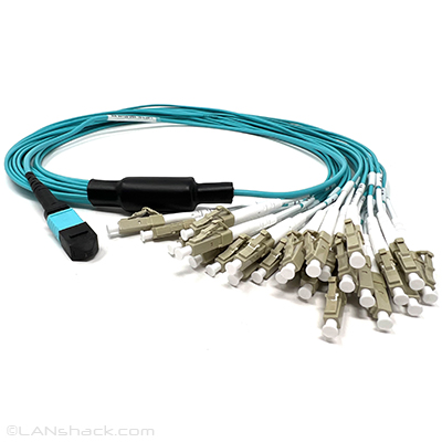 Stock 1 Meter 24 Fiber 1 X 24 MPO Female to 24 X LC Simplex Multimode 10/40/100 GIG OM4 50/125 OFNP Plenum Rated Fiber Optic Fanout Cable Assembly - Method A Straight Through