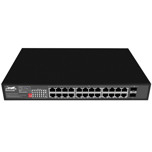 QuickTreX 26 Port Unmanaged Gigabit PoE+ Switch with 24 x GIG PoE+ RJ45 30/15.4W Ports, 2 x GIG SFP Uplink Ports,  Auto PoE+ Extend, VLAN, Watchdog, and Built-In 400W Power Supply  - RoHS Compliant