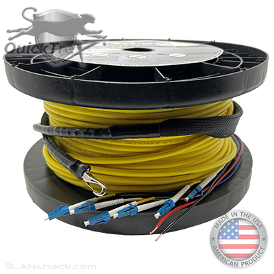 6 Strand Indoor Plenum Rated Ultra Thin Micro Armored Singlemode Pre-Terminated Hybrid Power + Fiber Optic Cable Assembly with Corning® Glass and 2 x 18 AWG Power Wires - Made in the USA by QuickTreX®