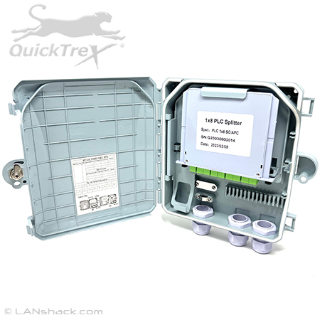 1 Panel Fiber Indoor / Outdoor IP65 Rated Wall Mount Fiber Optic PLC Splitter Cassette / Splice Enclosure with Splice Sleeves, 6 Fiber Splice Tray, Glanded Entry/Exit Ports, and Mounting Hardware by QuickTreX®