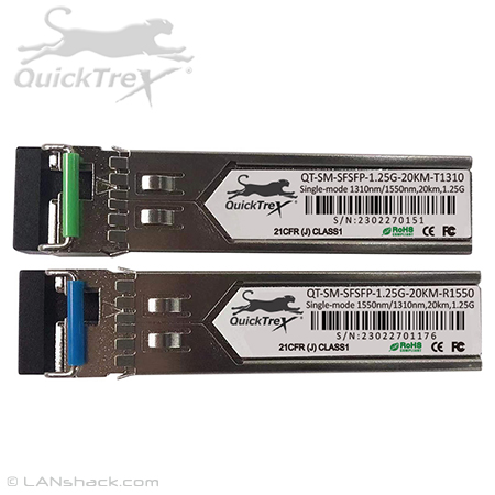 QuickTreX 1.25 Gigabit Singlemode Bidirectional (BiDi) 1 Fiber LC Simplex SFP Fiber Optic Transceiver Kit - Hot Pluggable & Cisco Compatible - 20 km at 1310/1550 nm (Includes 1310TX/1550RX & 1550TX/1310RX Transceivers)